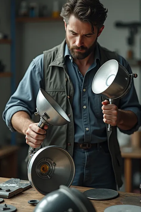 Man holding parts of a light reflector