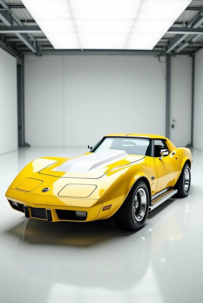 76 Greenwood Corvette yellow with white details with white, low-cut carbon hood with super technological racing tunics in a huge white garage