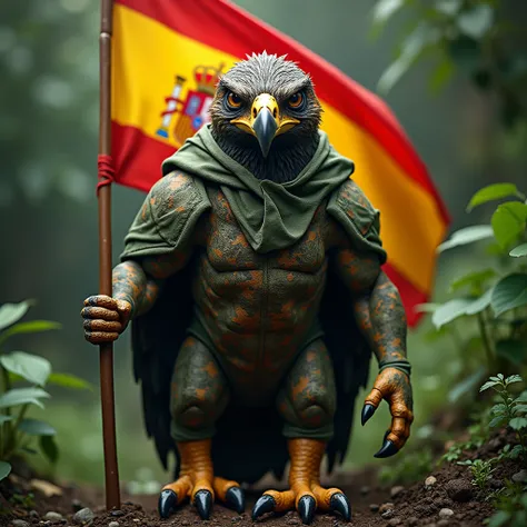 A humanized bird of prey wearing camouflage and holding the Spanish flag