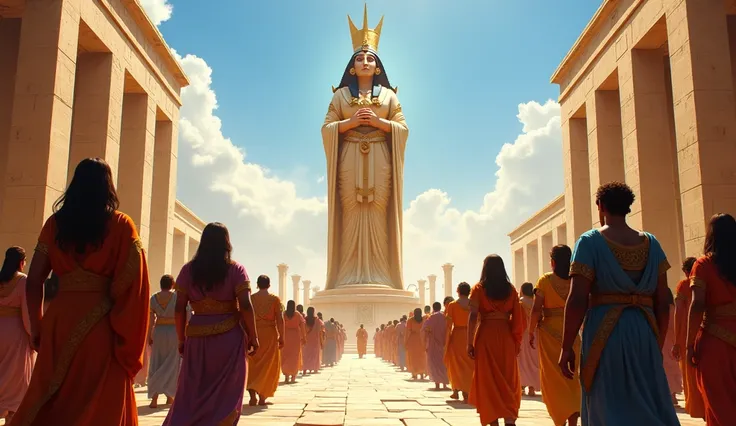 An ancient Babylonian celebration during spring, with people dressed in traditional robes offering gifts to a towering statue of a deity under a bright blue sky