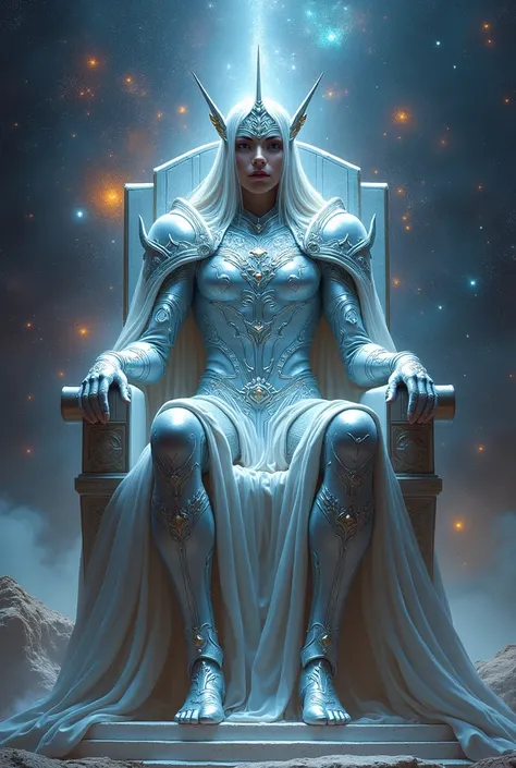 A powerful being in silver armor sitting on a diamond throne while behind him there are galaxies and who gives good sight to the spectator