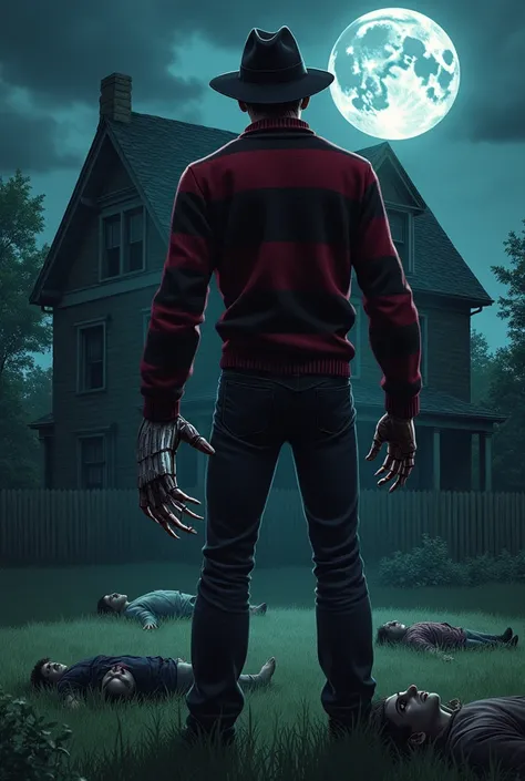 Freddy kruegger versao anime, in front of a house at night, with a full moon, people fainted on the grass in the backyard of the house, good quality.