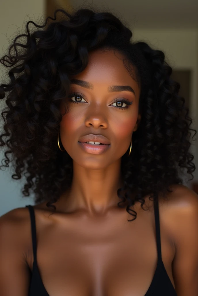 "Realistic portrait of a black woman with wavy hair, rich dark skin with a glowing complexion, captivating and sensual expression, wearing a chic and sexy outfit. She is posing confidently like a model, with natural lighting and lifelike details. The photo...