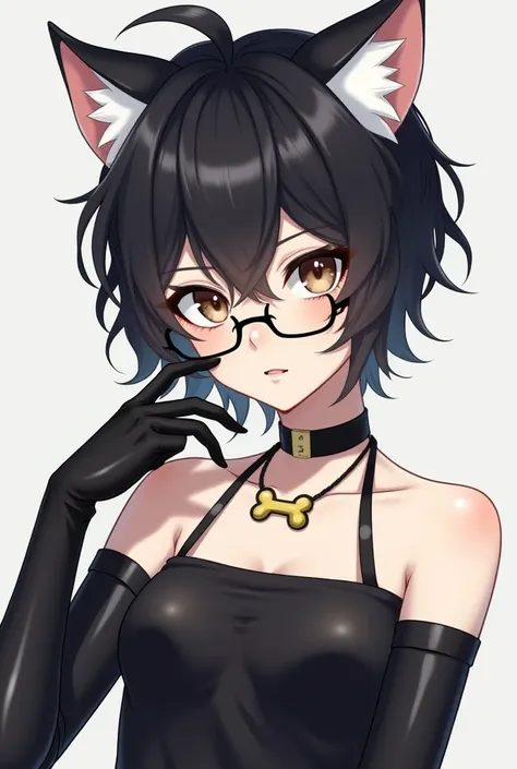 Boy with female body  ,  hair color black messy short boy ,  light brown eyes  , glasses , white cat ears, camisa black tube top color negro,and long black gloves, black collar with yellow dog bone accessories 

