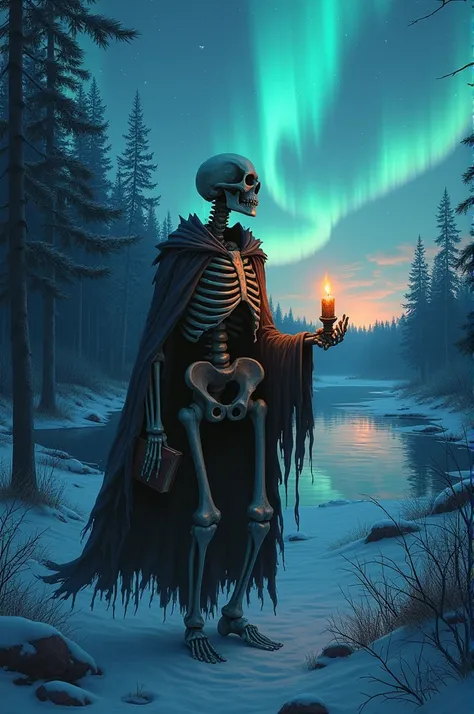  A skeleton that wanders in a forest with a frozen lake , The skeleton is wearing a tunic ,  in its left hand an old candle lamp that is and in your other hand a grimoire while contemplating an aurora borealis that is reflected in the frozen water of the l...