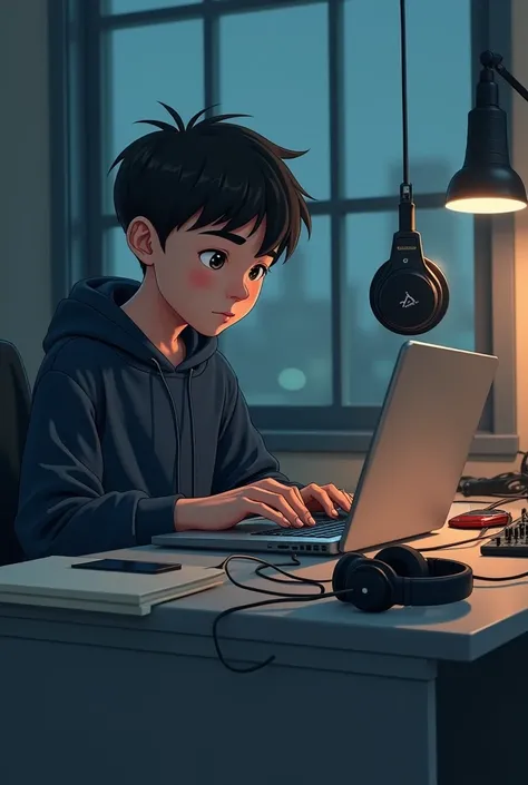 Create a poster with a teenage boy composing music on laptop
Desk is light grey
Headset and recording microphone is on desk
No windows in the room