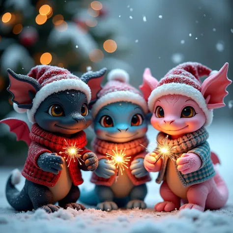  Three Dragons in black , blue pink .  small  ,   in Christmas hats and warm sweaters with patterned Christmas vests,  warm pants soft on her paws  ,   soft gloves on her paws pink winter mittens  ,  Holding sparklers  ,   A Christmas tree with garlands gl...