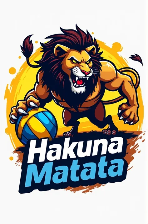 Create vigorous full lion logo with yellow and blue volleyball ball and Hakuna Matata lettering