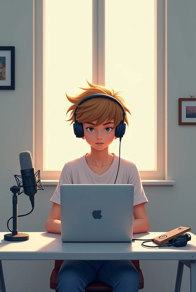 Create a poster with a teenage boy composing music on laptop
Desk is light grey
Headset on boys head and recording microphone is on desk
No windows in the room
The boys hair is light brown volour