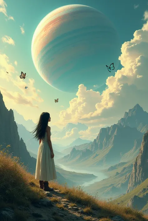  To a girl appreciating the landscape as well as a planet,  dress with long skirts and boots ,  Black hair, To her around butterflies flying 