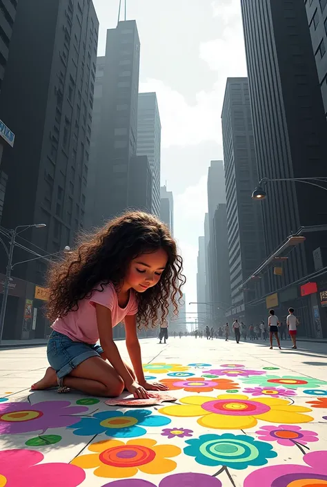 A curly girl with long hair draws colorful flowers on the ground in the middle of the citys black and white buildings 8 yeras old