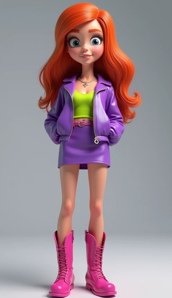 Daphne Blake as a 3D CGI realistic character from Disney Pixar. Regular body proportions, like a character from a Disney movie. Great quality and hair textures, redhead hair, purple plastic jacket with matching mini skirt, green lime tank top under it, pin...