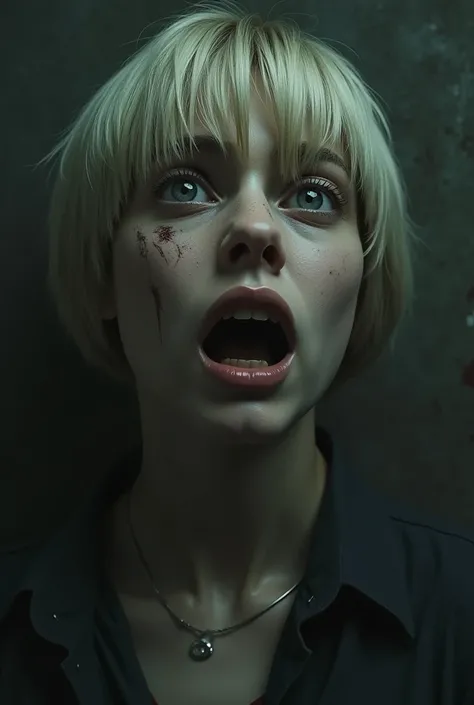 create a picture of a dead young woman, she has beautiful straight thick smooth silky dark blonde short pixie hair with bangs, the womans face showing fear, her eyes and mouth are wide open