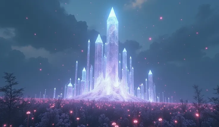 A black crystal tower surrounded by floating luminous shards, set in a field of glowing flowers that pulse with soft light. Fantasy dark love style, 16:9 format.