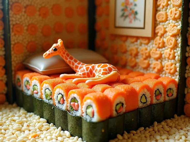  realistic bed made of rolls and sushi,  room created from edible products , walls made of rice and nori , in bed lies a colored marmalade geraf