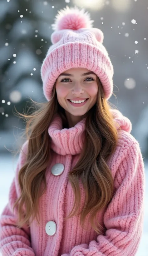 Beautiful young woman, white skin, smiling face, long brown hair, wearing a pink Christmas hat, wearing a pink Santa Cross winter dress ปกปิดร่างกาย,นั่งอยู่ in a snowy Christmas atmosphere.