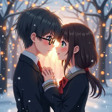  The girl has dark brown hair , boy and girl.  New Years winter atmosphere .  The guy has dark gray and blue eyes ,  hair below the shoulders ,  in love with each other sweetly interacting with each other {x} at the roots with a smooth transition to black,...