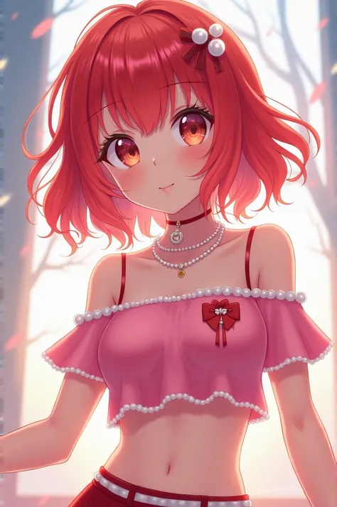 An anime character with red hair with bangs and a pink cropped with white skin and a pearl bow 