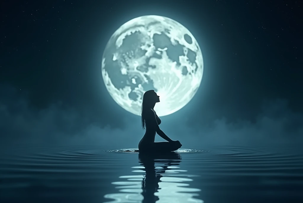 blue night woman sitting on water back on moon