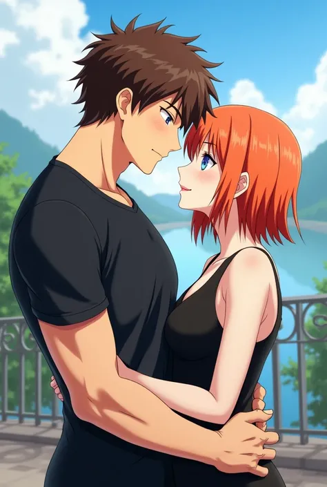 ((The best quality)), ((masterpiece)), (detailed), perfect face,Title : There is one man and one woman.man has brown curly hair,white skinned,blue eyes,wearing black tshirt.woman has straight orange hair,white skinned,blue eyes and wearing black dress.They...