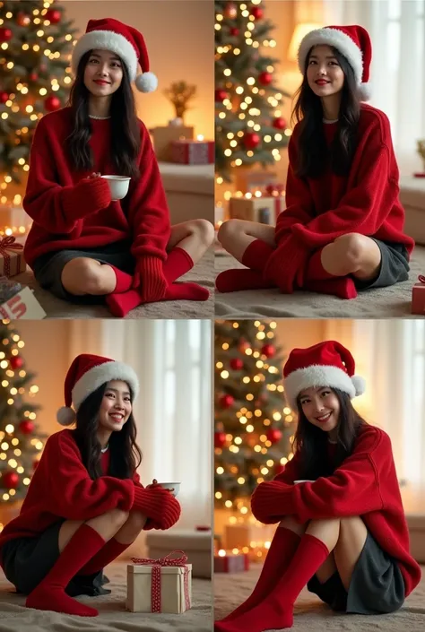 Create a collage of four images featuring the same young woman with long, dark hair styled naturally. She is dressed in a festive outfit: a plain oversized red sweater, a dark gray tennis skirt, and long red woolen socks. She also wears a fluffy white Sant...