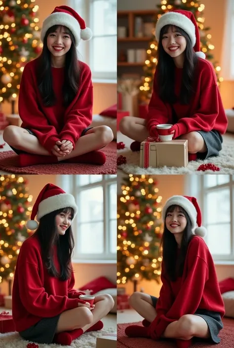 Create a collage of four images featuring the same young woman with long, dark hair styled naturally. She is dressed in a festive outfit: a plain oversized red sweater, a dark gray tennis skirt, and long red woolen socks. She also wears a fluffy white Sant...