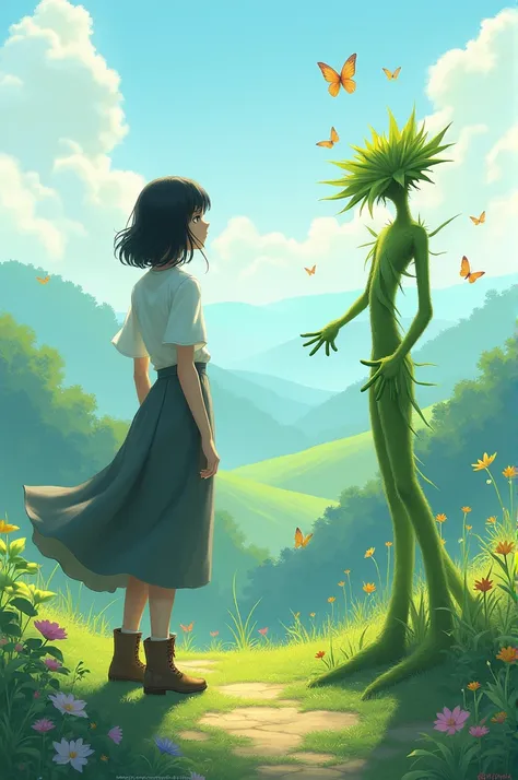  A lady appreciating the landscape ,  and also the plant wearing a long skirt and boots, butterflies flying, medium black hair hairstyle  