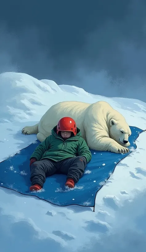 Limage montre une personne allongée sur une couverture bleue au milieu dun paysage enneigé. La personne porte une veste verte et un casque rouge, et semble dormir ou se reposer. sur le côté droit de limage, il y a un ours polaire couché sur le dos, avec sa...