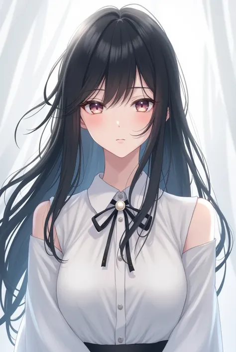 An anime character with long hair by Maria Chiquinha with a black color with bangs and one and a white blouse with white skin and a pearl bow without breasts, woman!