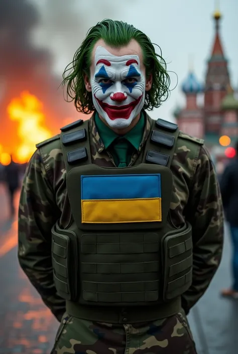 The Joker is dressed in military camouflage clothing, he wears a bulletproof vest, on the vest there is a chevron of Ukraine, in the background is burning Red Square Moscow, his hands are behind his back, the Joker is grinning.