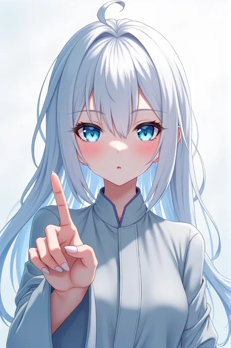 Create a photo of the anime character ,long white hair, 
 Blue Eyes,  and posing with two fingers raised.