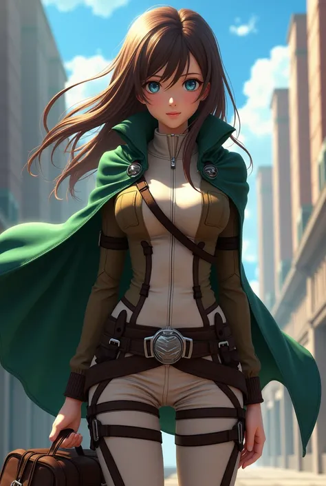 Anime Attack on Titan 3D girl with clothes with belt she is wearing a green cape she has a messenger in her hand she has brown hair blue eyes