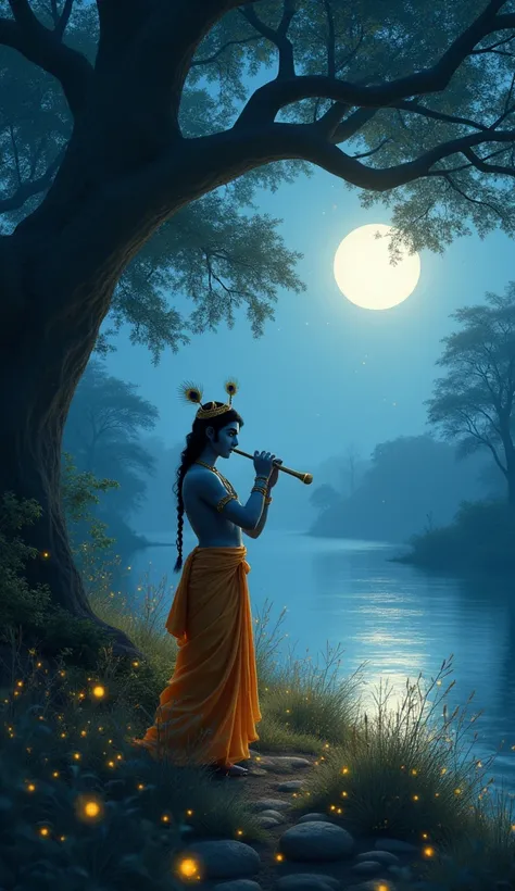 
"A mystical and serene depiction of Lord Krishna in a moonlit forest, playing his flute under a grand banyan tree, surrounded by glowing fireflies. His peacock feather crown shines subtly in the moonlight, and the Yamuna river flows gently in the backgrou...