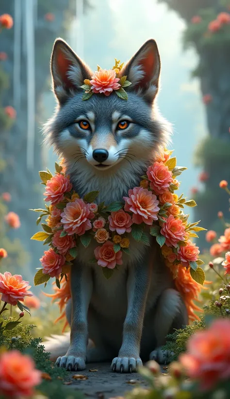 A mini wolf in a costume made of flowers in a magical kingdom 