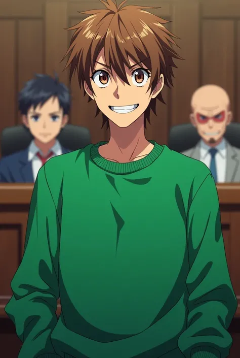 A teenager with a malicious smile wearing a full green sweatshirt and short brown hair and brown eyes acting as a prosecutor in an anime-style trial