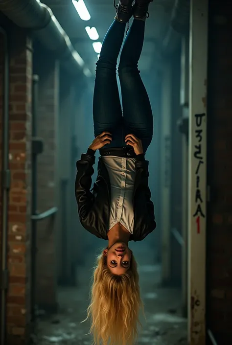 Blonde Woman wearing leather jacket white shirt jean pants bound hanging upside down by her feet 