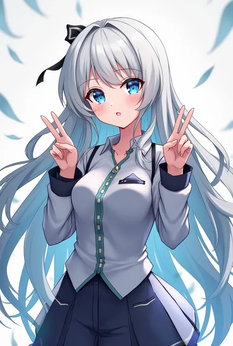 Create a photo of the anime character ,long white hair, 
 Blue Eyes, and posing with two fingers raised upwards, full body photo!