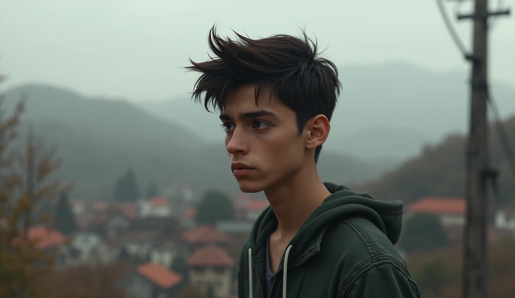 A teenager named Adrián is serious and in the back there is a blurry town. 