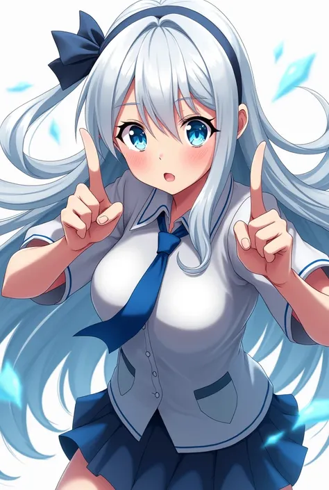 Create a photo of the anime character ,long white hair, 
 Blue Eyes, and posing with two fingers raised upwards, full body photo!