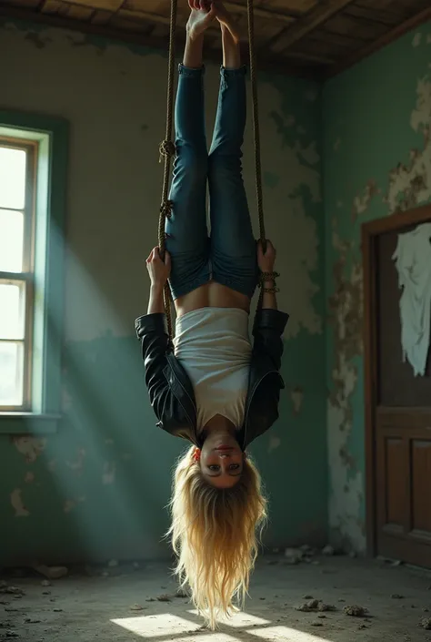 Blonde Woman wearing leather jacket white shirt jean pants bound hanging upside down by her feet in a abandoned house 