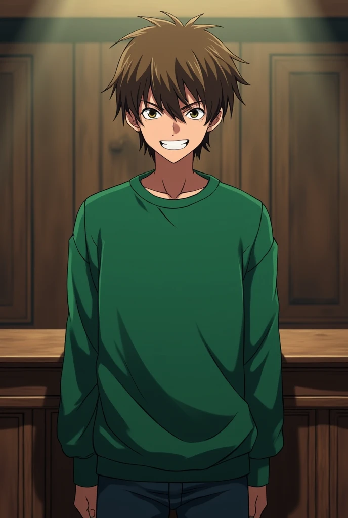 A teenager with a malicious smile wearing a full green sweatshirt and short brown hair and brown eyes acting as a prosecutor in an anime-style trial of JoJos Bizarre Adventure 