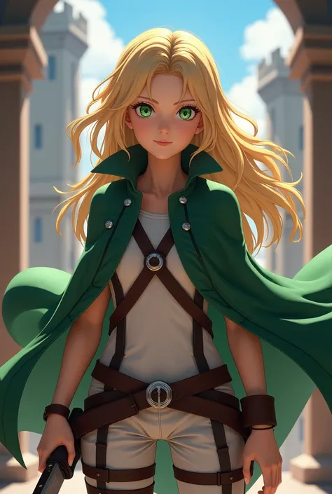 Anime attack on Titan 3D girl with clothes with belt she is wearing a green cape she has a knife in her hand she has blonde hair green eyes she is standing in a castle