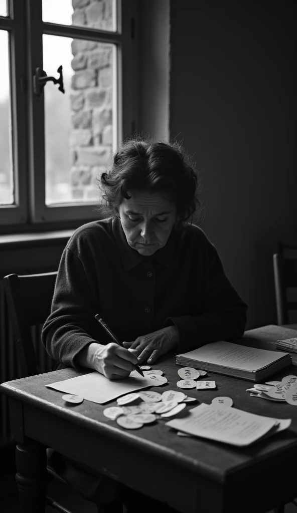 "A somber scene of Irena Sendler seated at a small table in a dimly lit room. She’s writing the names of Jewish ren she saved on small pieces of paper, carefully folding each one. The table is cluttered with notes, and the window in the background shows a ...