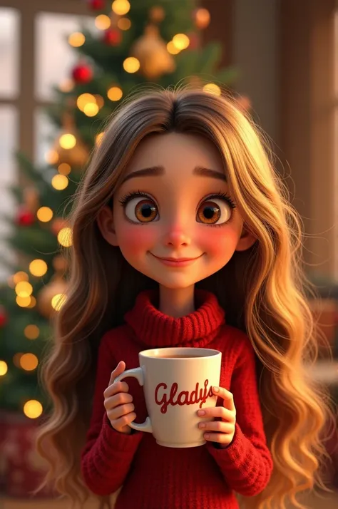 Christmas poster , Pixar style with a girl with long ,  wavy hair with golden and brown highlights
Holding a mug that says Gladys
In the background a Christmas tree.