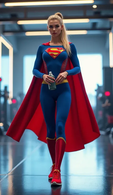 A beautiful and athletic Supergirl in a sleek, tight blue and red workout outfit, with a short cape and iconic "S" logo on her chest. She is tying her running shoes while holding a water bottle, her blonde hair tied in a ponytail. The background is a high-...