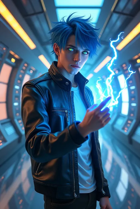 Young man heterochromia eyes blue and yellow leather jacket blue hair lightning magic spaceship