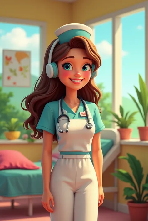 Pretty brown-haired nurse perfect teeth Costa Rica rens hospital animated