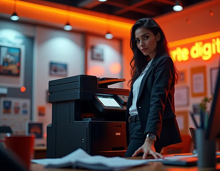 A black and metal orange style photocopier in a colorful and modern office, showcasing a beautiful Hispanic female office worker with long black hair, wearing a smart-casual outfit, actively sorting papers next to the photocopier at dusk. The words Arte Di...