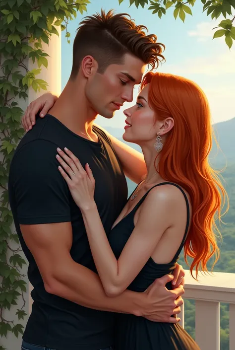 ((The best quality)), ((masterpiece)), (detailed), perfect face,Title : There is one man and one woman.man has brown curly hair,white skinned,blue eyes,wearing black tshirt.woman has straight long orange hair,white skinned,blue eyes and wearing black dress...