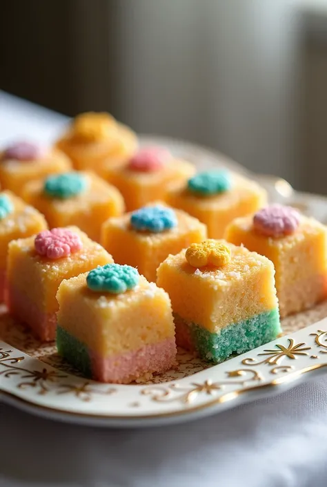  A nougat by Doña Pepa decorated with colored dragees ,  cut into small squares and arranged on a decorative tray. In the background, a table with white tablecloth and a bright environment ,  highlighting the color of the dragees and the texture of nougat ...